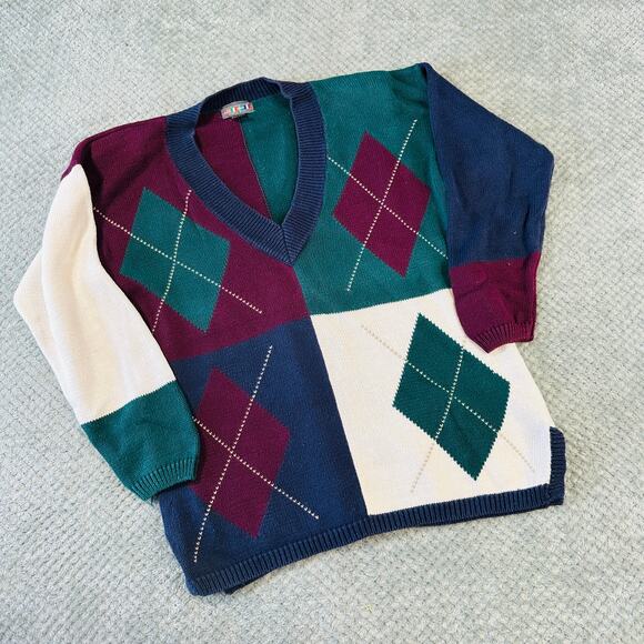 Vintage Retro Plaid VNeck Argyle Chunky Golf Sweater Paris Sportsclub Mens M - Picture 1 of 5